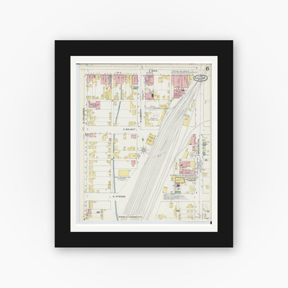 Old map wall art mockup — black gallery frame with white mat — Sanborn Fire Insurance Map from Galion, Crawford County, Ohio (1892), Sheet #0006
