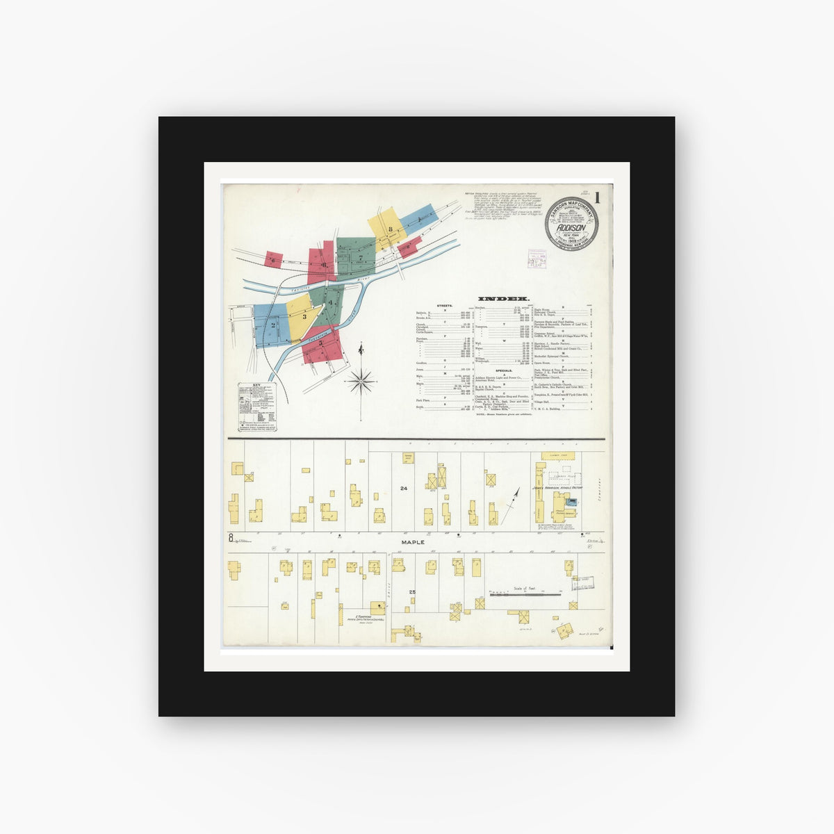 Old map wall art mockup — black gallery frame with white mat — Sanborn Fire Insurance Map from Addison, Steuben County, New York (1909), Sheet #0001