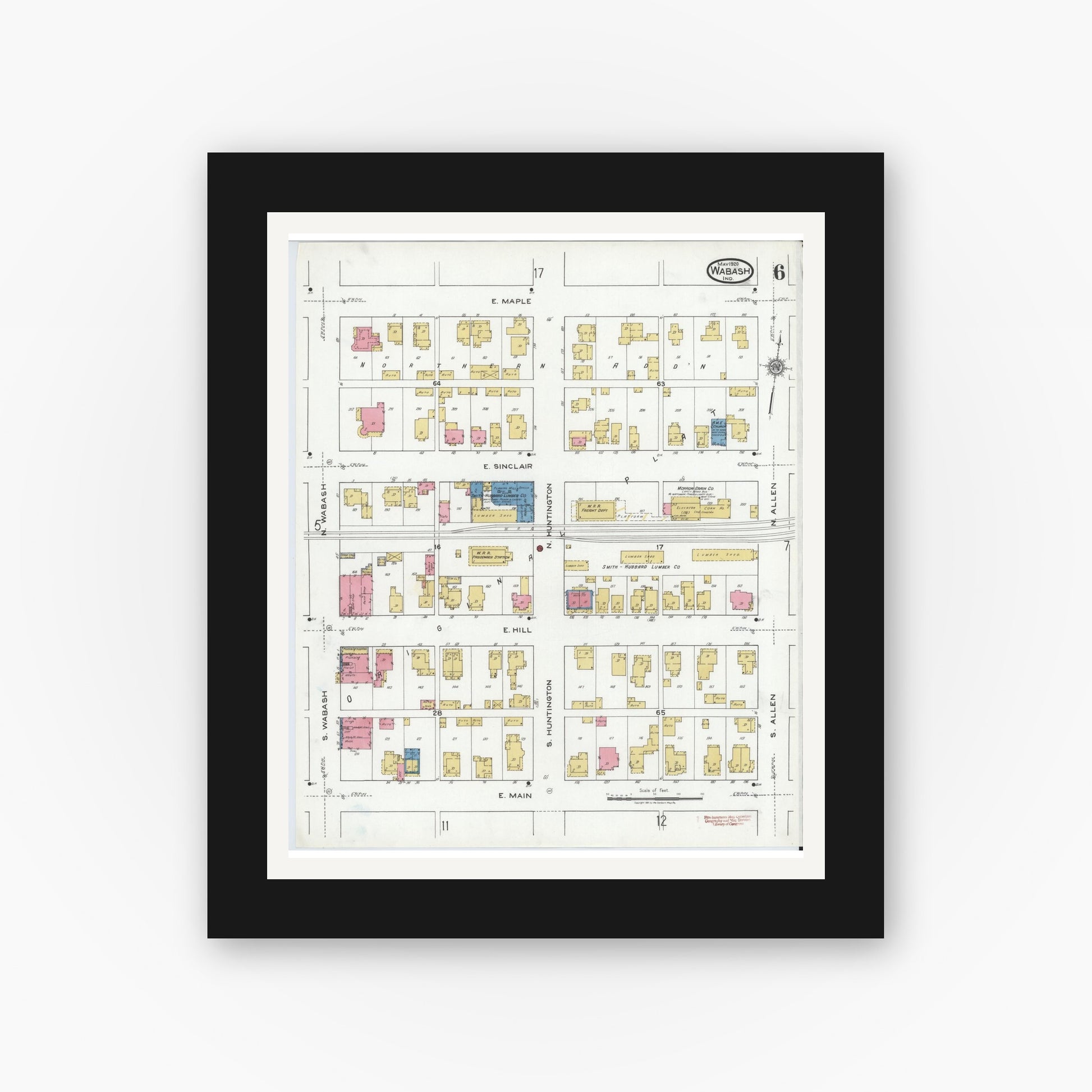 Old map wall art mockup — black gallery frame with white mat — Sanborn Fire Insurance Map from Wabash, Wabash County, Indiana (1920), Sheet #0006