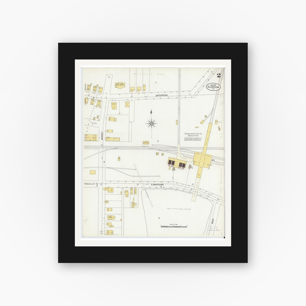 Old map wall art mockup — black gallery frame with white mat — Sanborn Fire Insurance Map from Glen Lyon, Luzerne County, Pennsylvania (1903), Sheet #0002