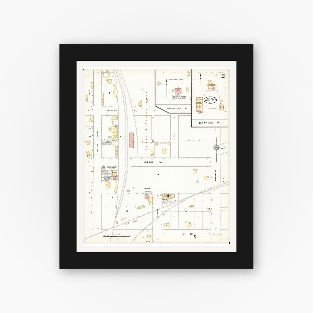 Old map wall art mockup — black gallery frame with white mat — Sanborn Fire Insurance Map from Ackley, Hardin and Franklin Counties, Iowa (1911), Sheet #0002