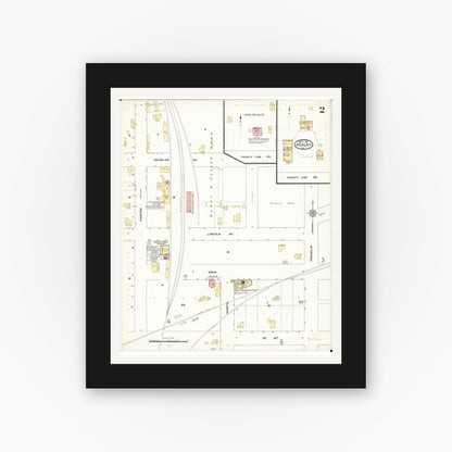 Old map wall art mockup — black gallery frame with white mat — Sanborn Fire Insurance Map from Ackley, Hardin and Franklin Counties, Iowa (1911), Sheet #0002