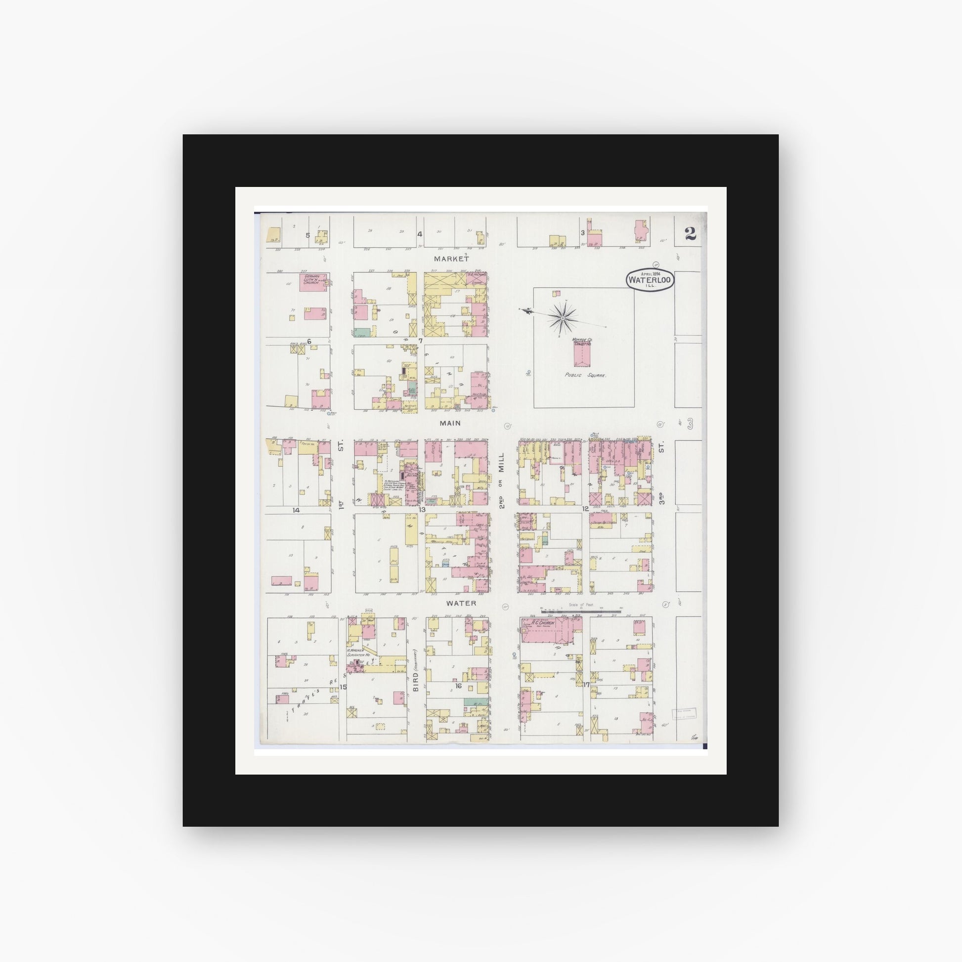 Old map wall art mockup — black gallery frame with white mat — Sanborn Fire Insurance Map from Waterloo, Monroe County, Illinois (1898), Sheet #0002
