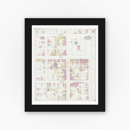 Old map wall art mockup — black gallery frame with white mat — Sanborn Fire Insurance Map from Waterloo, Monroe County, Illinois (1898), Sheet #0002