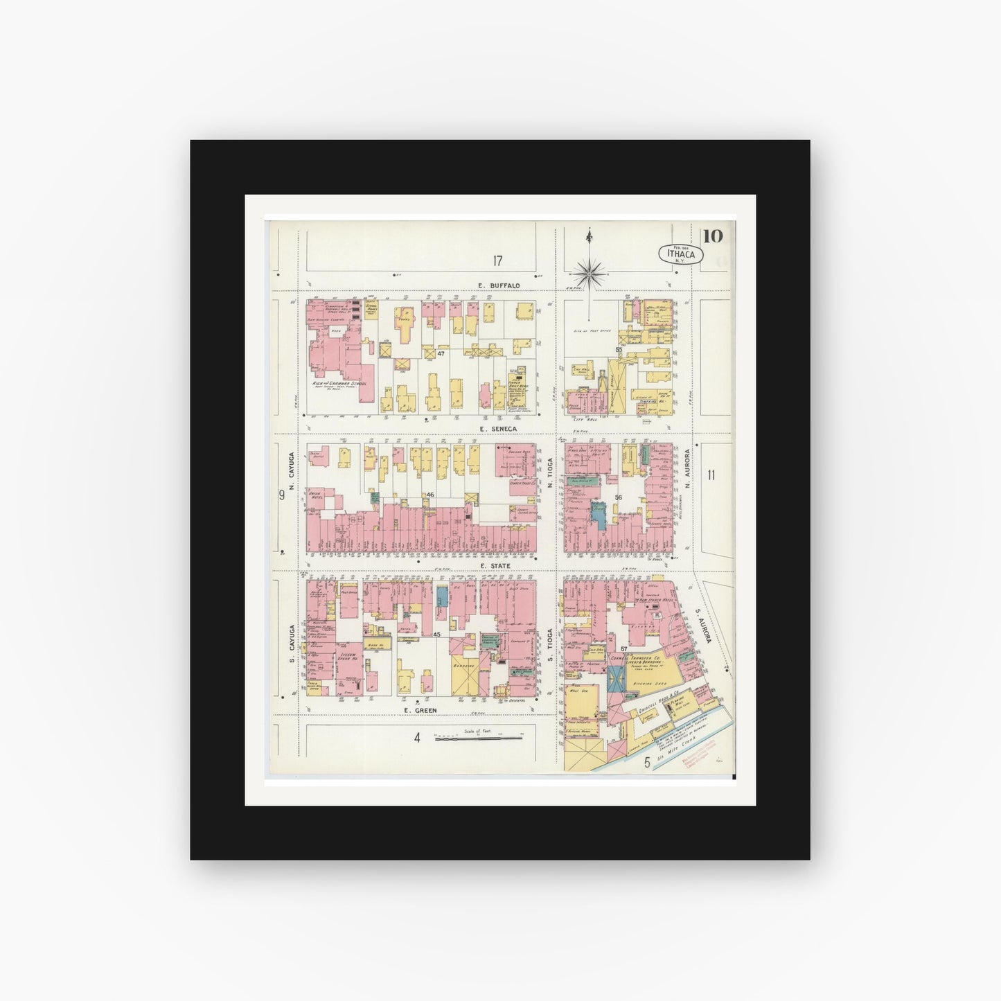 Old map wall art mockup — black gallery frame with white mat — Sanborn Fire Insurance Map from Ithaca, Tompkins County, New York (1904), Sheet #0010