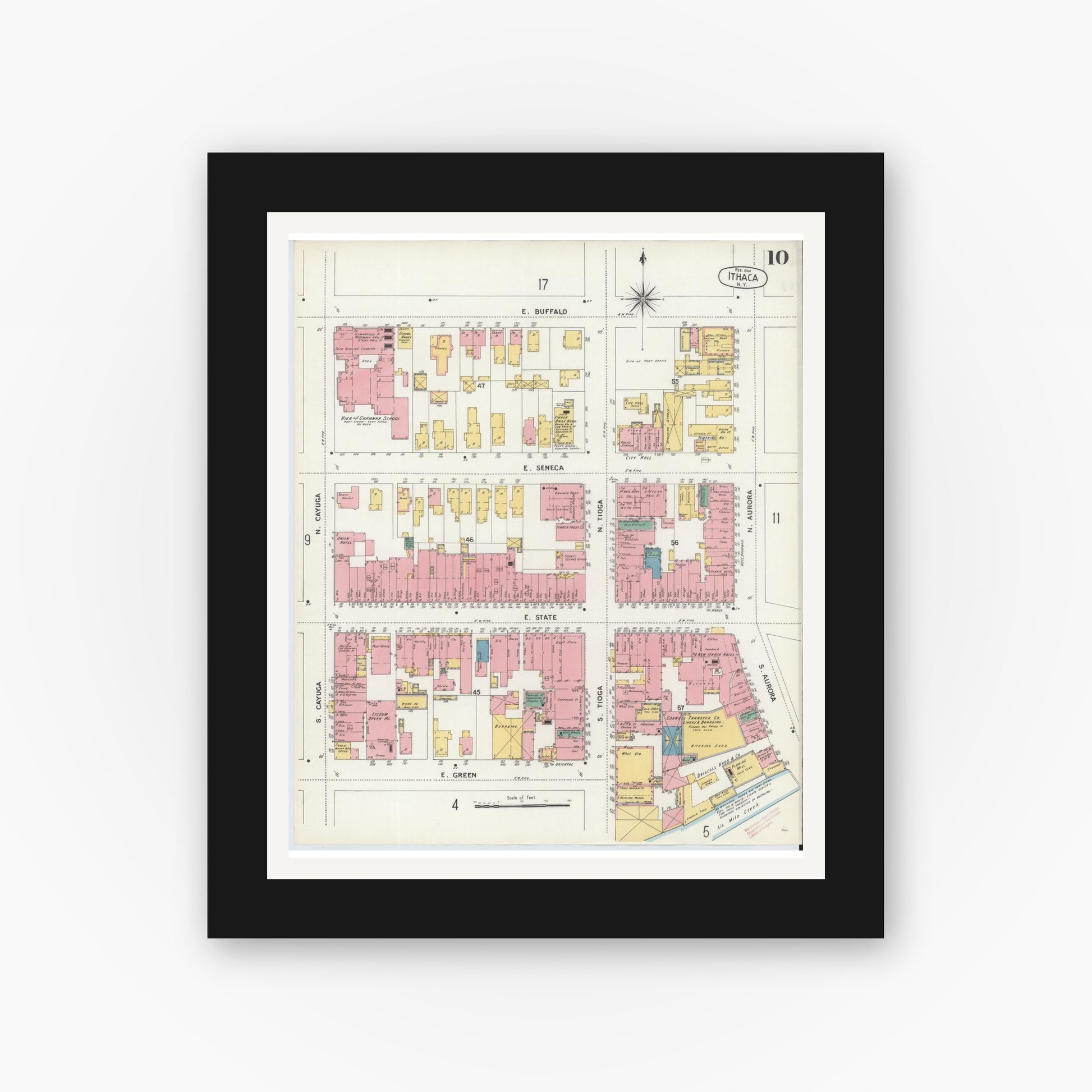Old map wall art mockup — black gallery frame with white mat — Sanborn Fire Insurance Map from Ithaca, Tompkins County, New York (1904), Sheet #0010