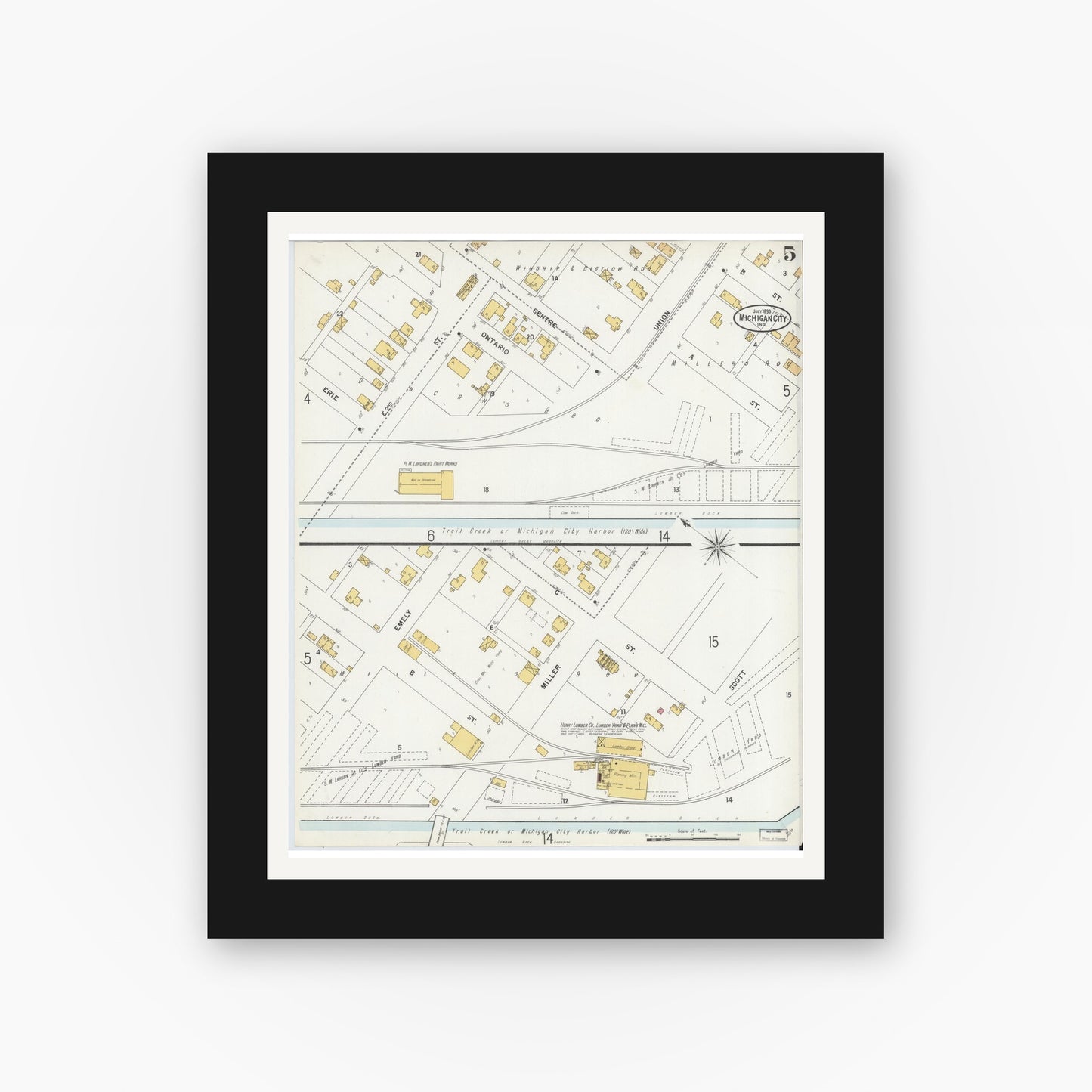 Old map wall art mockup — black gallery frame with white mat — Sanborn Fire Insurance Map from Michigan City, La Porte County, Indiana (1899), Sheet #0005