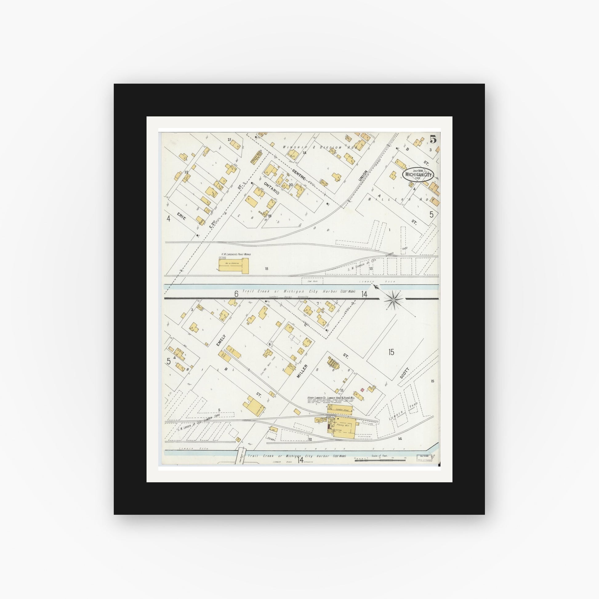 Old map wall art mockup — black gallery frame with white mat — Sanborn Fire Insurance Map from Michigan City, La Porte County, Indiana (1899), Sheet #0005