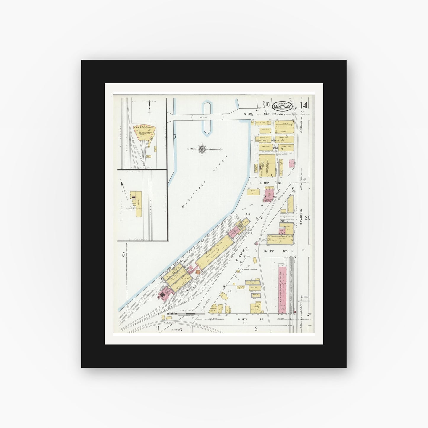 Old map wall art mockup — black gallery frame with white mat — Sanborn Fire Insurance Map from Manitowoc, Manitowoc County, Wisconsin (1919), Sheet #0014