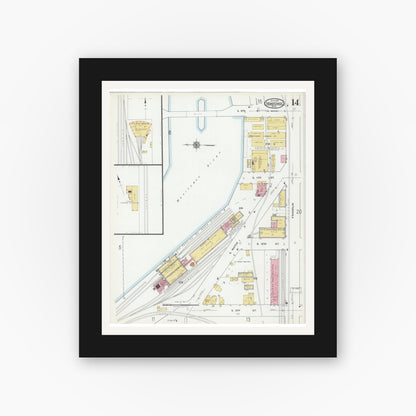 Old map wall art mockup — black gallery frame with white mat — Sanborn Fire Insurance Map from Manitowoc, Manitowoc County, Wisconsin (1919), Sheet #0014