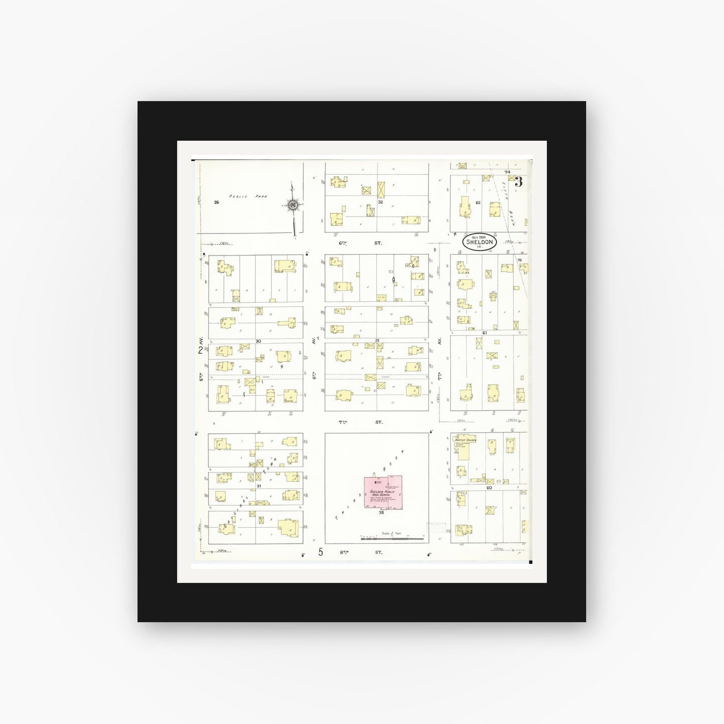 Old map wall art mockup — black gallery frame with white mat — Sanborn Fire Insurance Map from Sheldon, O'Brien County, Iowa (1909), Sheet #0003