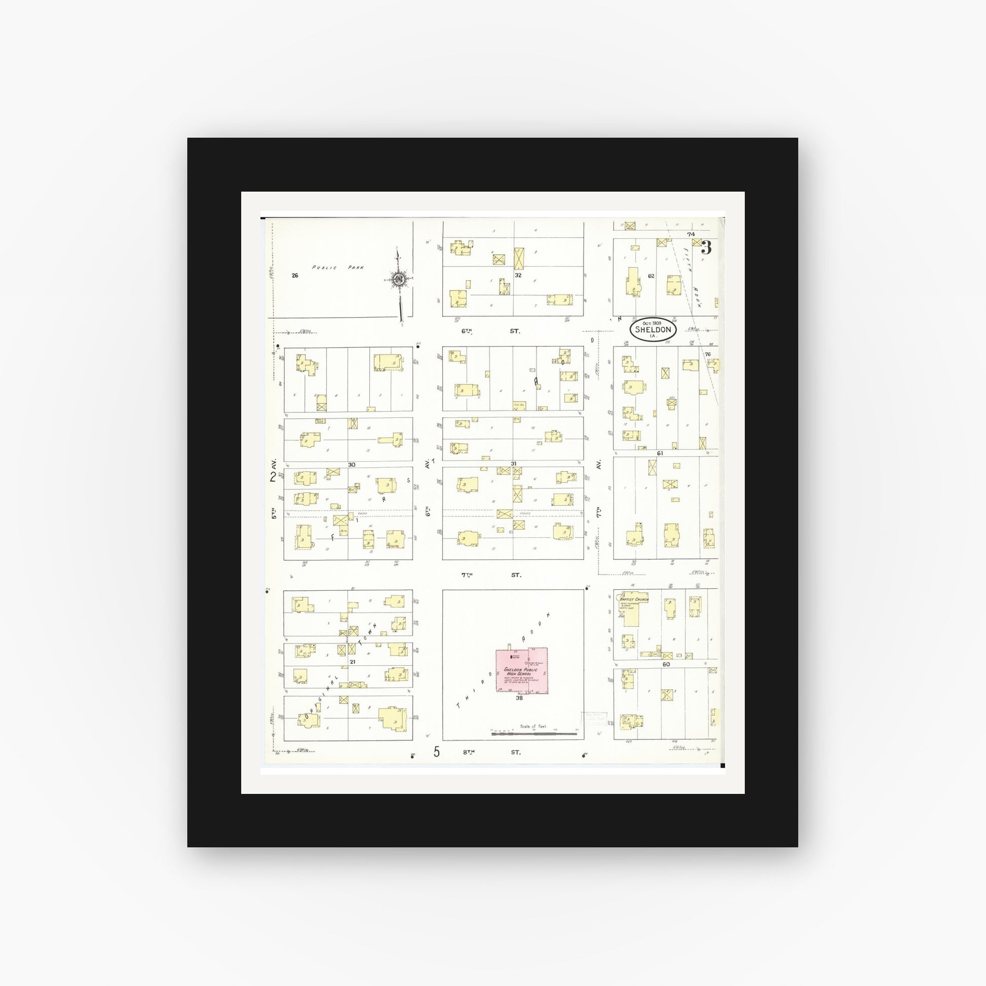 Old map wall art mockup — black gallery frame with white mat — Sanborn Fire Insurance Map from Sheldon, O'Brien County, Iowa (1909), Sheet #0003