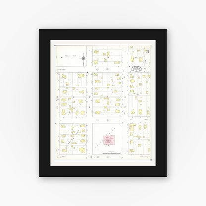 Old map wall art mockup — black gallery frame with white mat — Sanborn Fire Insurance Map from Sheldon, O'Brien County, Iowa (1909), Sheet #0003