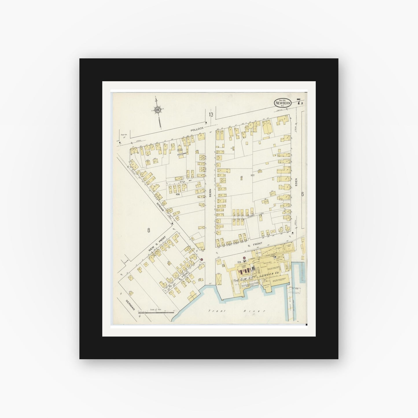 Old map wall art mockup — black gallery frame with white mat — Sanborn Fire Insurance Map from New Bern, Craven County, North Carolina (1913), Sheet #0007