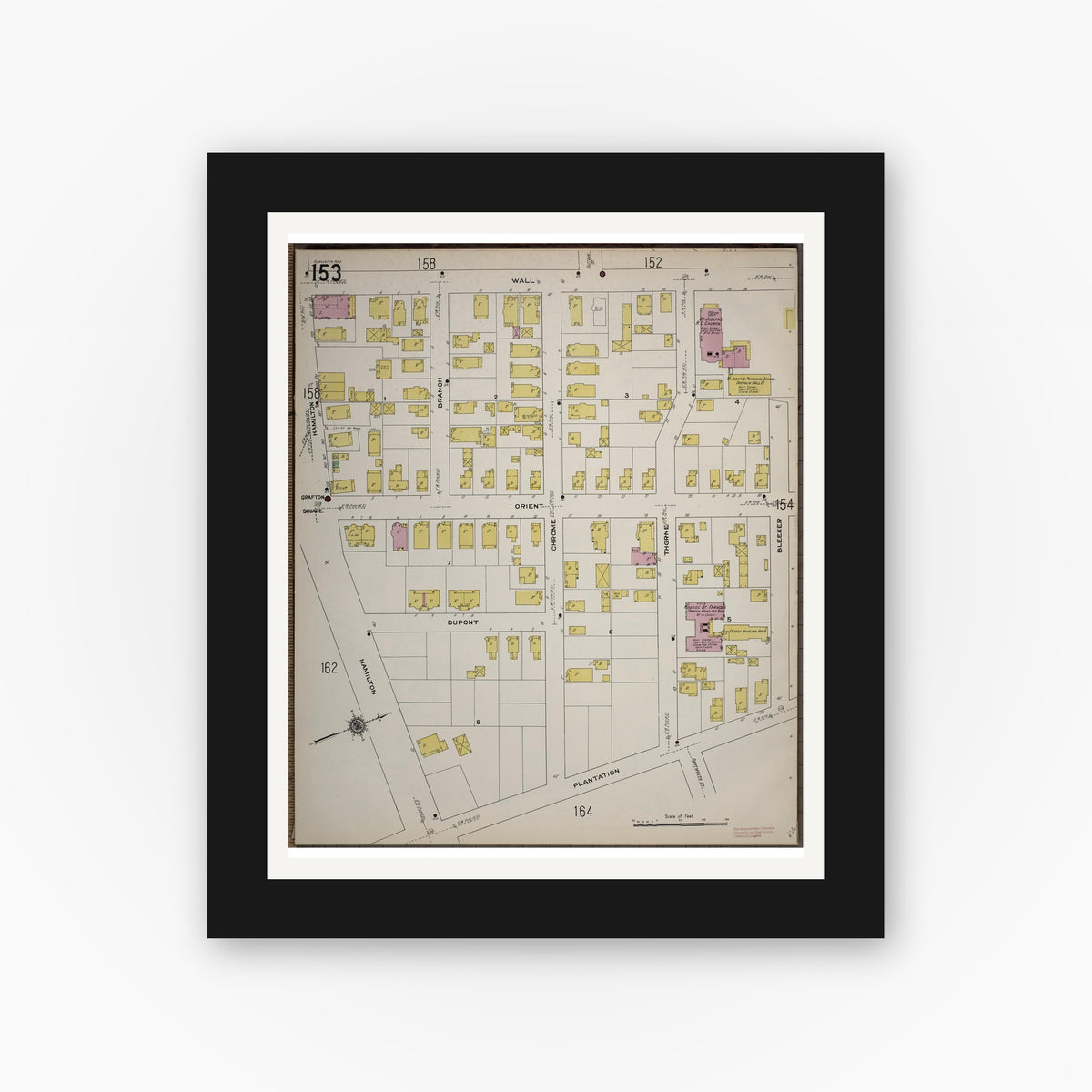 Old map wall art mockup — black gallery frame with white mat — Sanborn Fire Insurance Map from Worcester, Worcester County, Massachusetts (1910), Sheet #0153