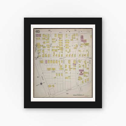Old map wall art mockup — black gallery frame with white mat — Sanborn Fire Insurance Map from Worcester, Worcester County, Massachusetts (1910), Sheet #0153