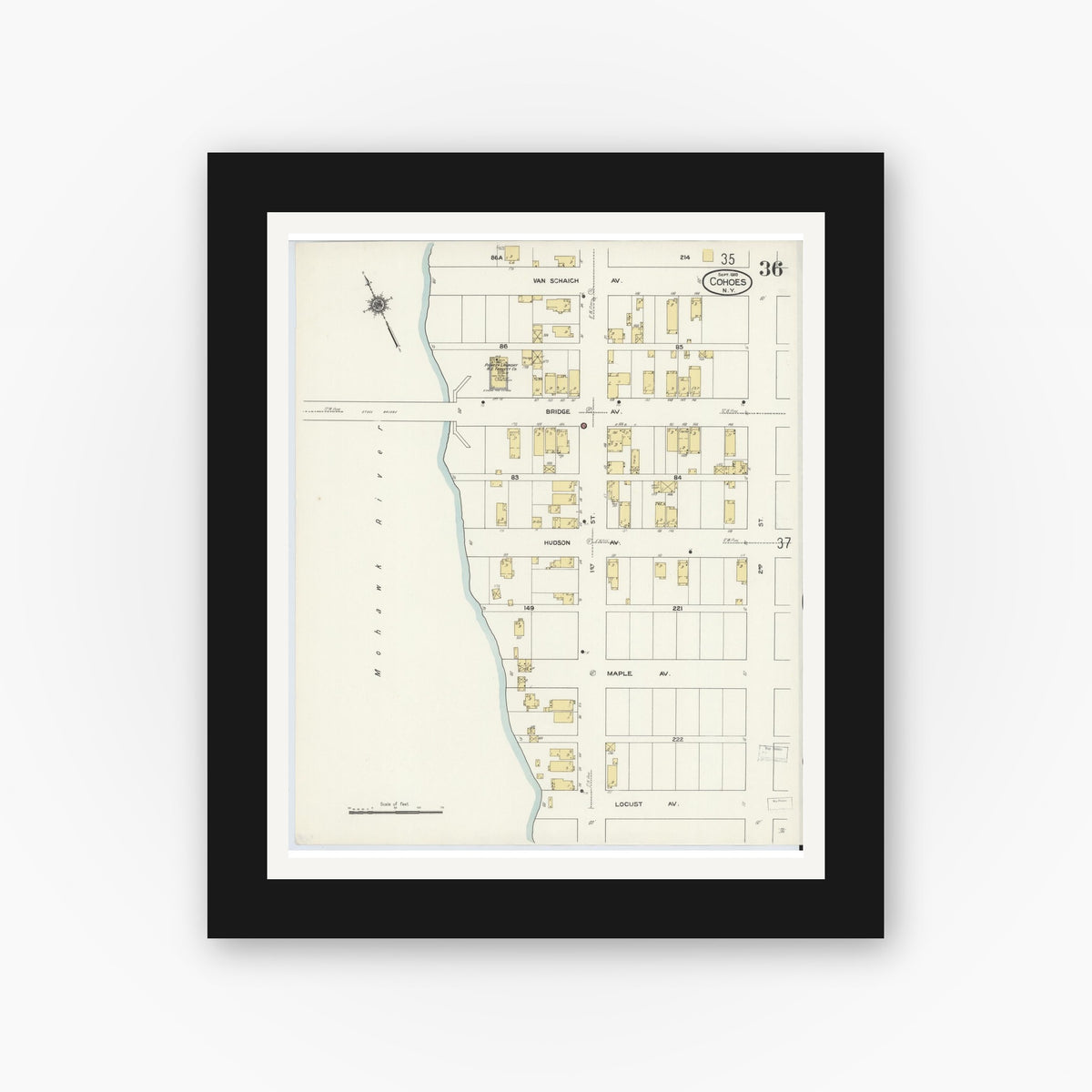 Old map wall art mockup — black gallery frame with white mat — Sanborn Fire Insurance Map from Cohoes, Albany County, New York (1910), Sheet #0036