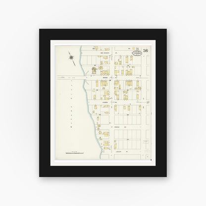 Old map wall art mockup — black gallery frame with white mat — Sanborn Fire Insurance Map from Cohoes, Albany County, New York (1910), Sheet #0036