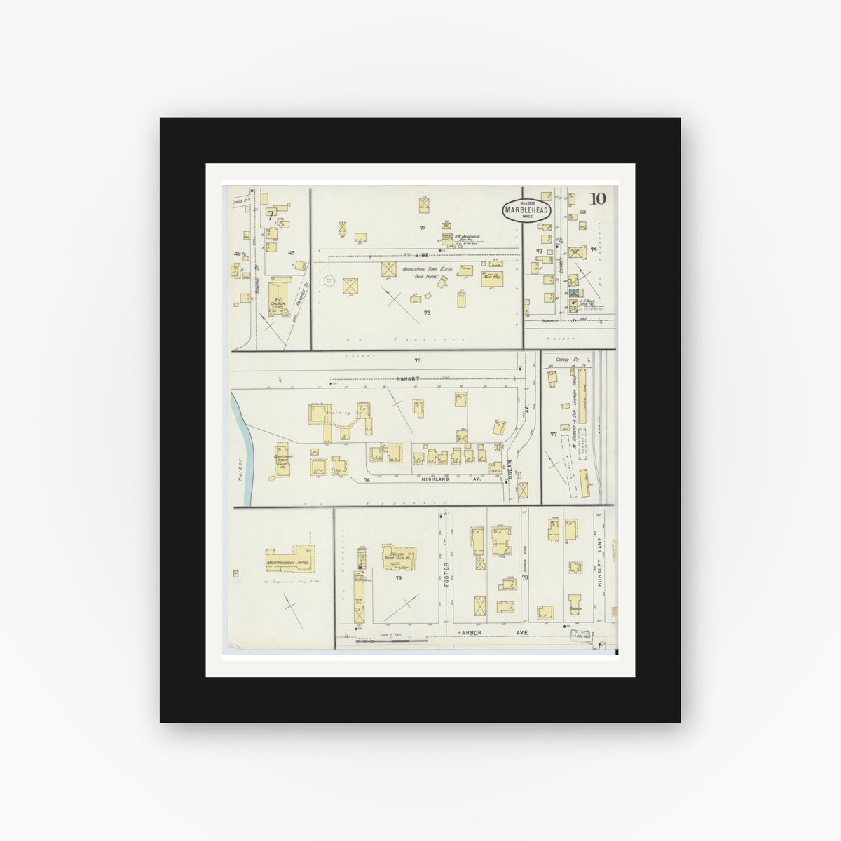 Old map wall art mockup — black gallery frame with white mat — Sanborn Fire Insurance Map from Marblehead, Essex County, Massachusetts (1896), Sheet #0010