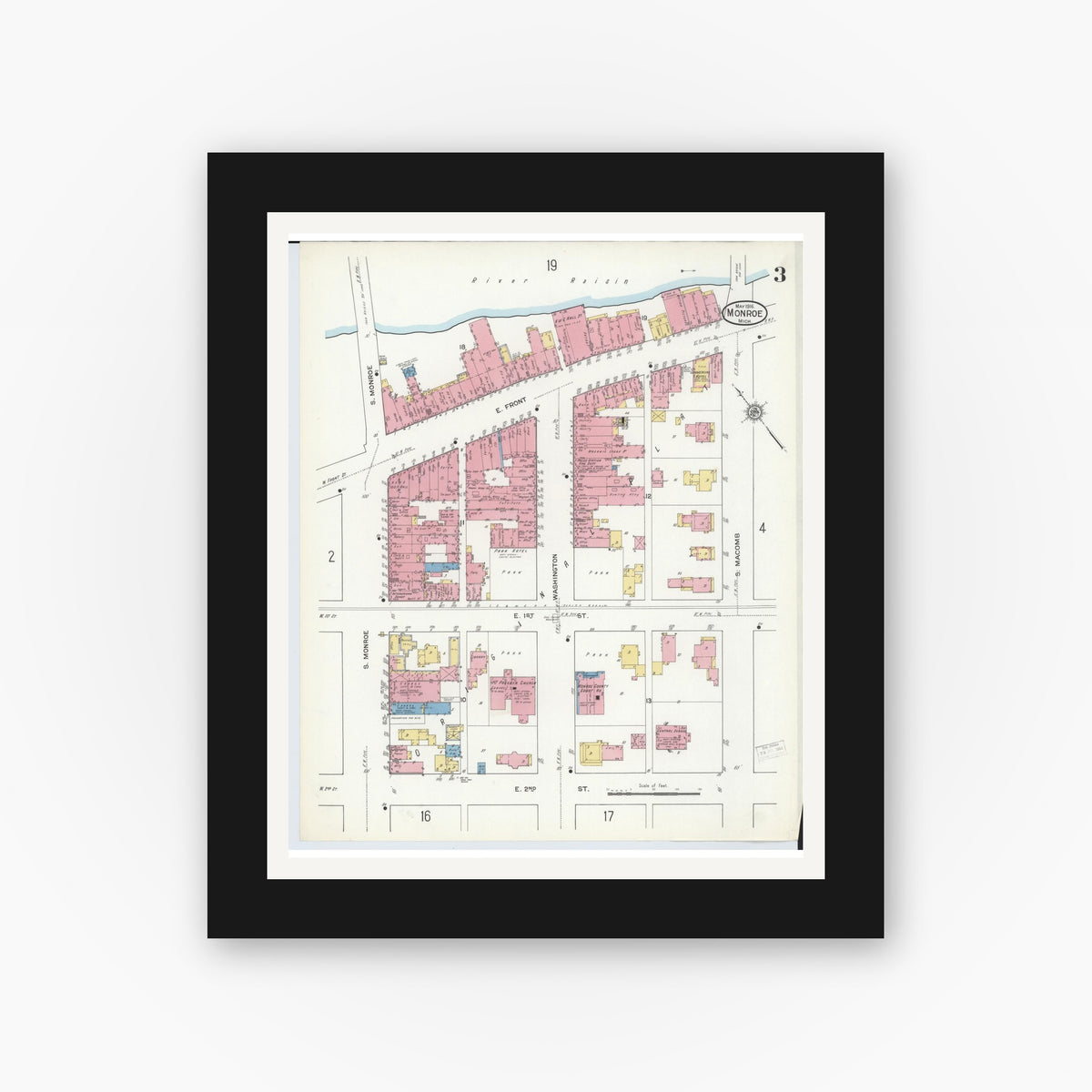 Old map wall art mockup — black gallery frame with white mat — Sanborn Fire Insurance Map from Monroe, Monroe County, Michigan (1916), Sheet #0003