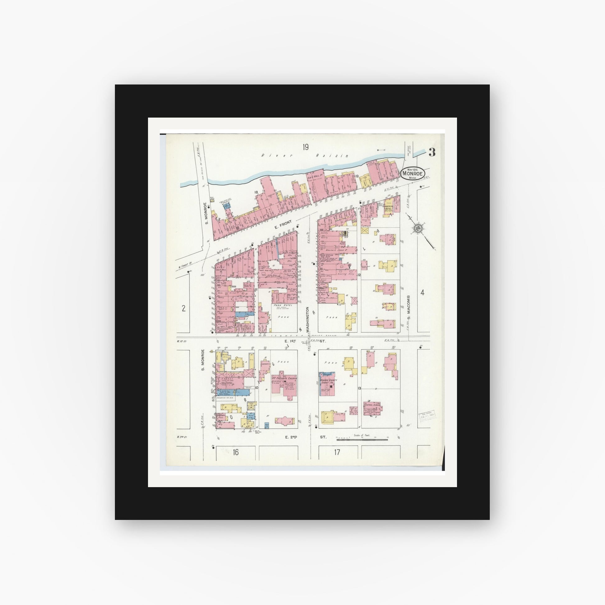 Old map wall art mockup — black gallery frame with white mat — Sanborn Fire Insurance Map from Monroe, Monroe County, Michigan (1916), Sheet #0003