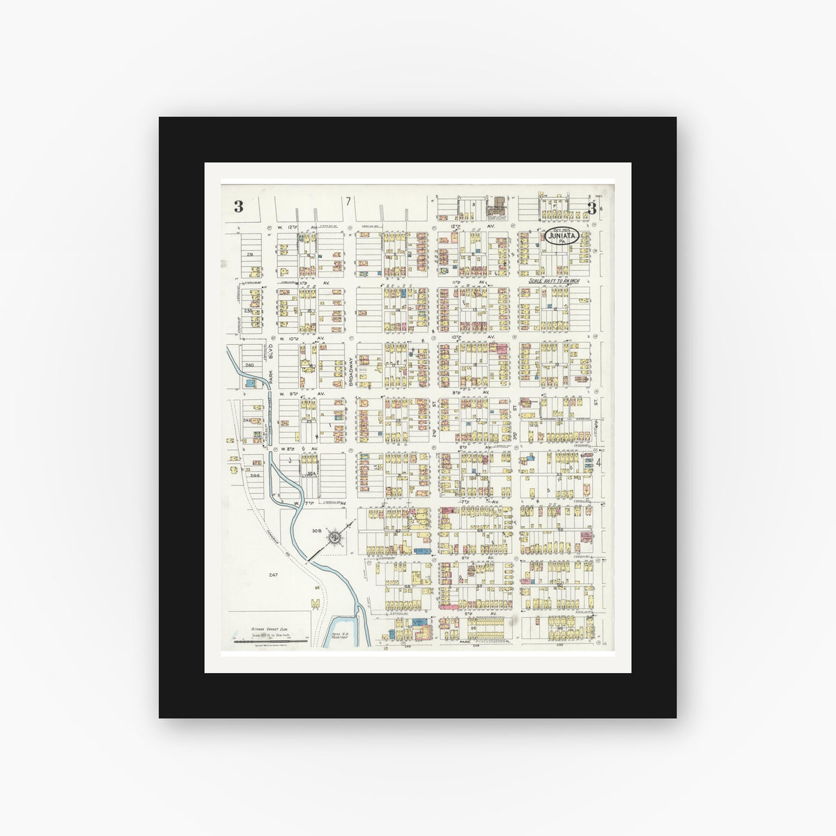 Old map wall art mockup — black gallery frame with white mat — Sanborn Fire Insurance Map from Juniata, Blair County, Pennsylvania (1925), Sheet #0003