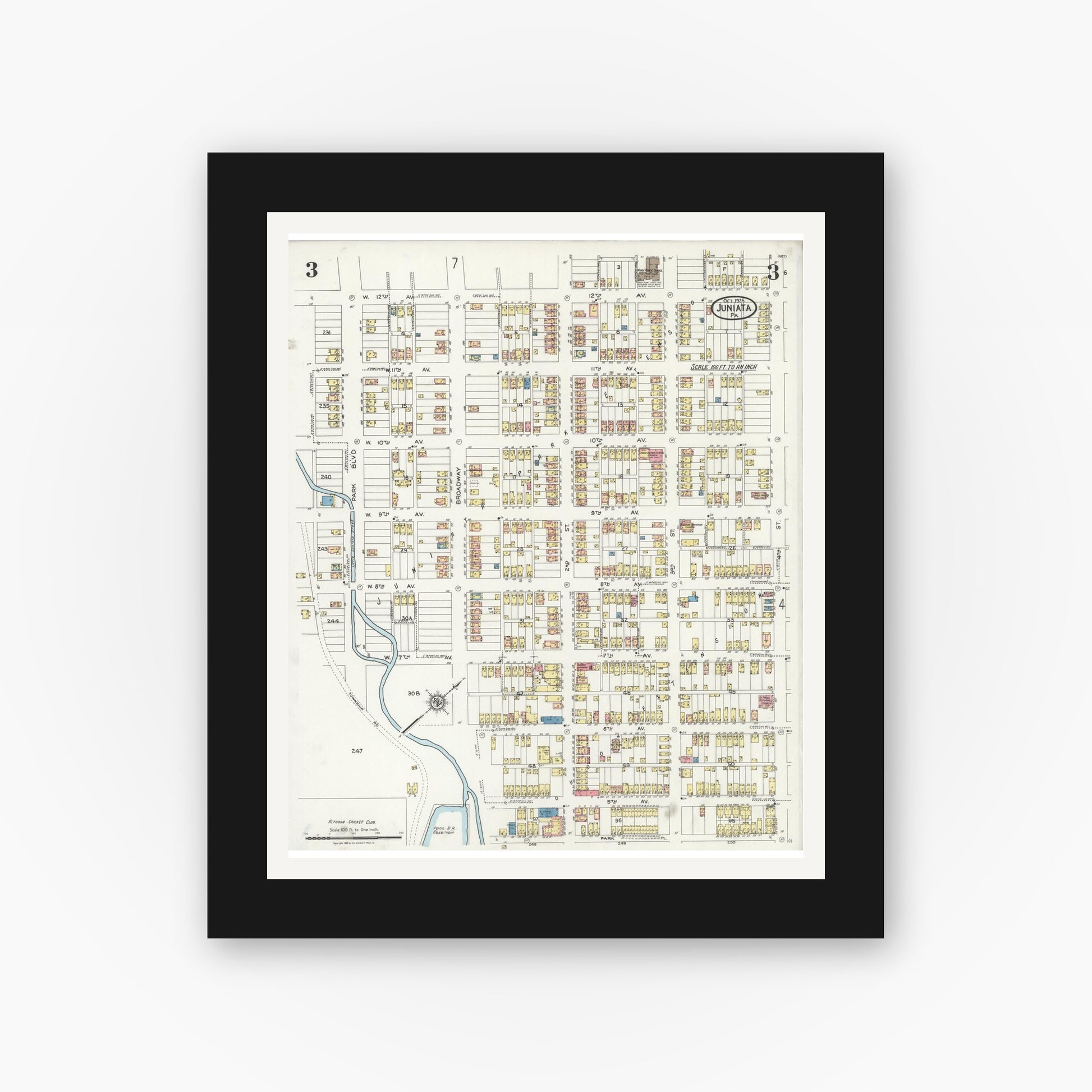 Old map wall art mockup — black gallery frame with white mat — Sanborn Fire Insurance Map from Juniata, Blair County, Pennsylvania (1925), Sheet #0003