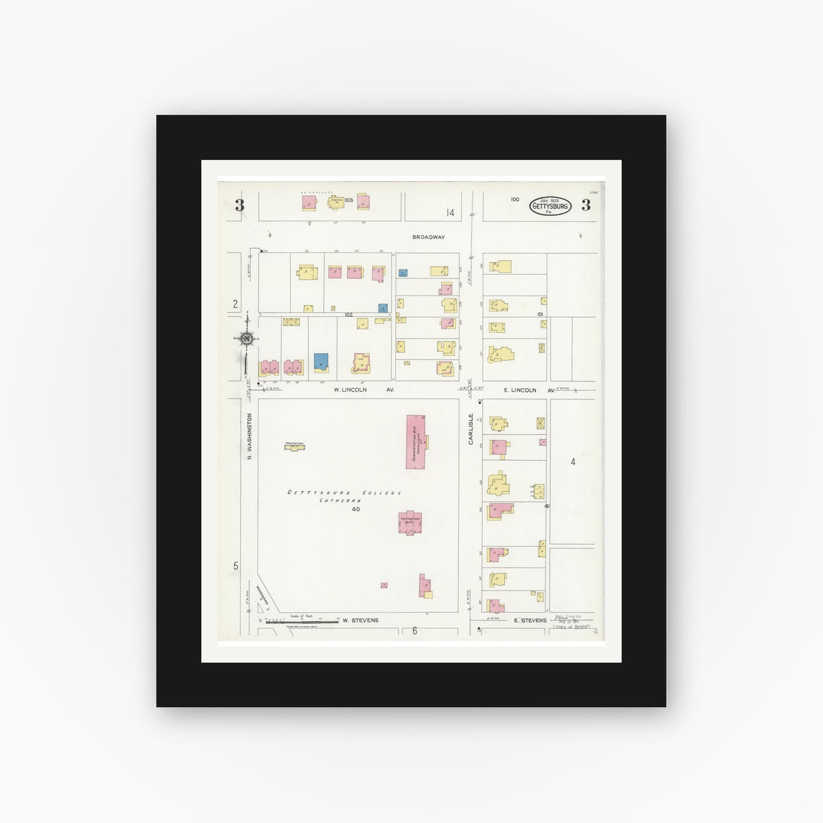 Old map wall art mockup — black gallery frame with white mat — Sanborn Fire Insurance Map from Gettysburg, Adams County, Pennsylvania (1924), Sheet #0003