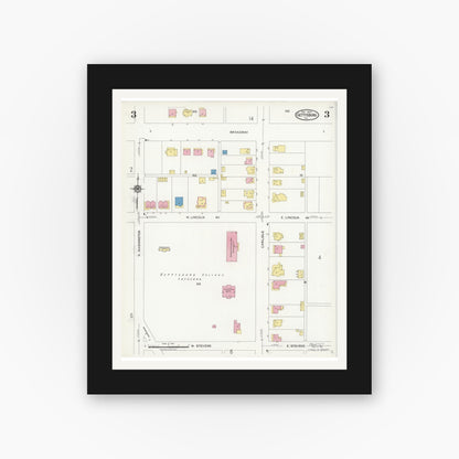 Old map wall art mockup — black gallery frame with white mat — Sanborn Fire Insurance Map from Gettysburg, Adams County, Pennsylvania (1924), Sheet #0003