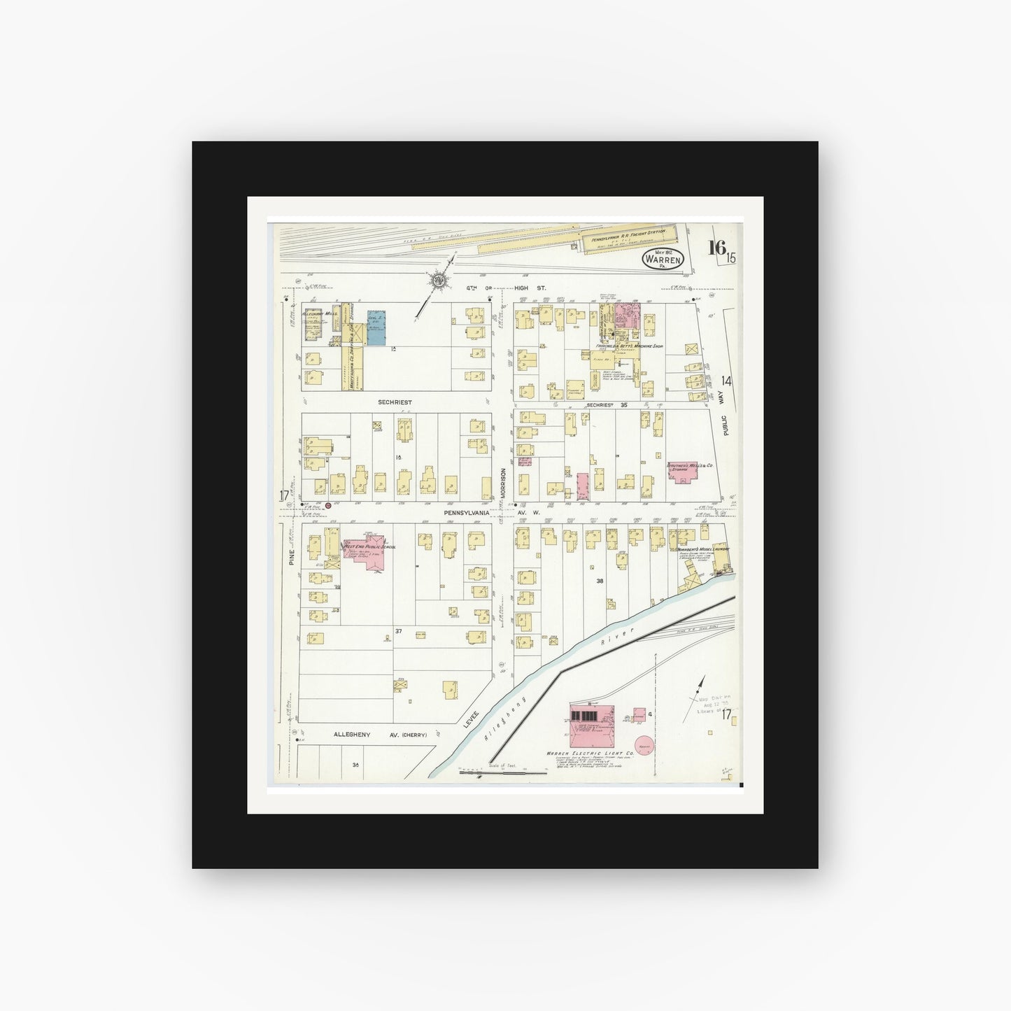 Old map wall art mockup — black gallery frame with white mat — Sanborn Fire Insurance Map from Warren, Warren County, Pennsylvania (1912), Sheet #0016