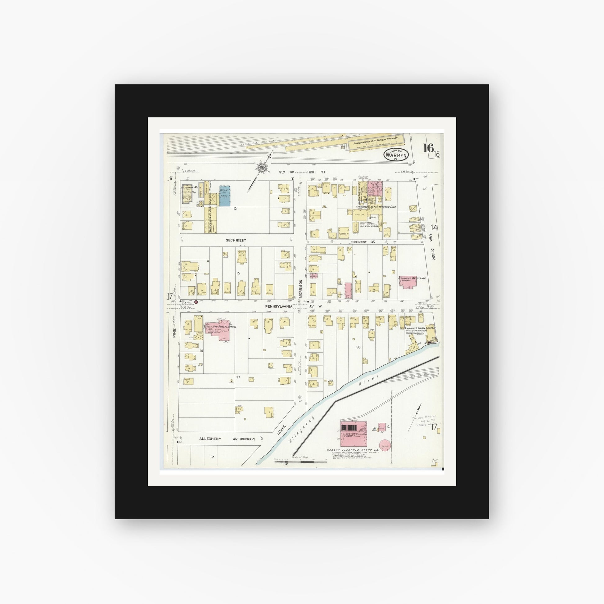 Old map wall art mockup — black gallery frame with white mat — Sanborn Fire Insurance Map from Warren, Warren County, Pennsylvania (1912), Sheet #0016