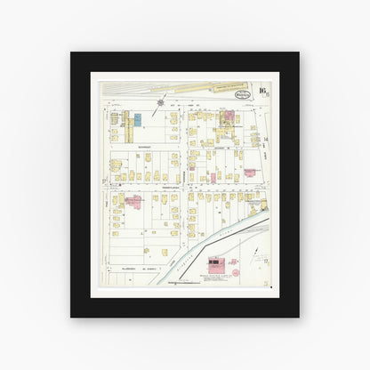 Old map wall art mockup — black gallery frame with white mat — Sanborn Fire Insurance Map from Warren, Warren County, Pennsylvania (1912), Sheet #0016