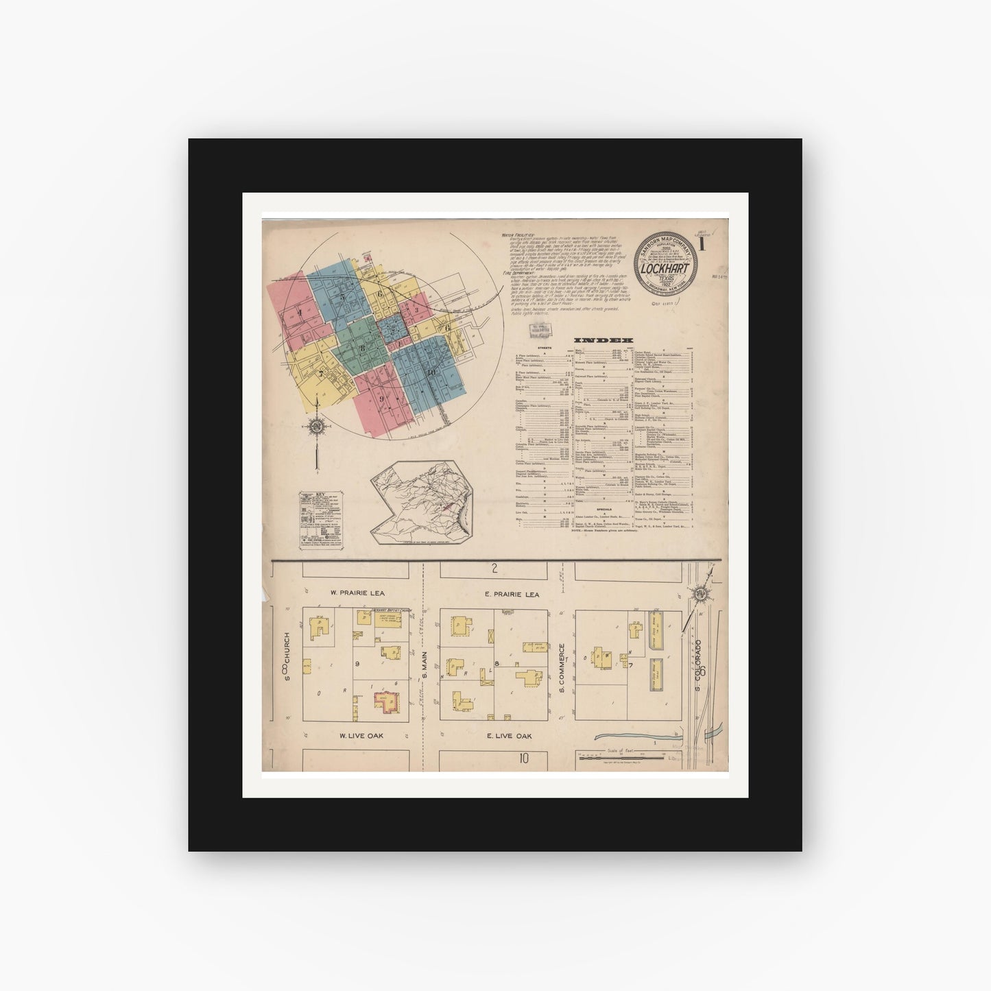 Old map wall art mockup — black gallery frame with white mat — Sanborn Fire Insurance Map from Lockhart, Caldwell County, Texas (1922), Sheet #0001