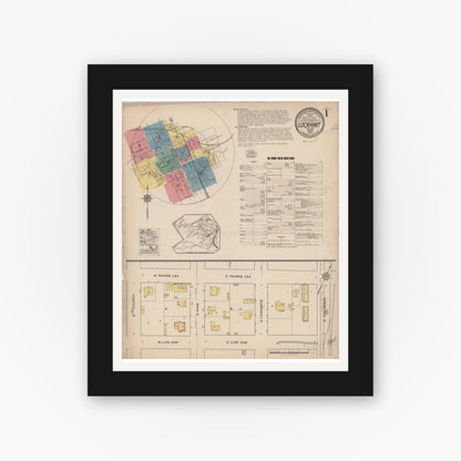 Old map wall art mockup — black gallery frame with white mat — Sanborn Fire Insurance Map from Lockhart, Caldwell County, Texas (1922), Sheet #0001