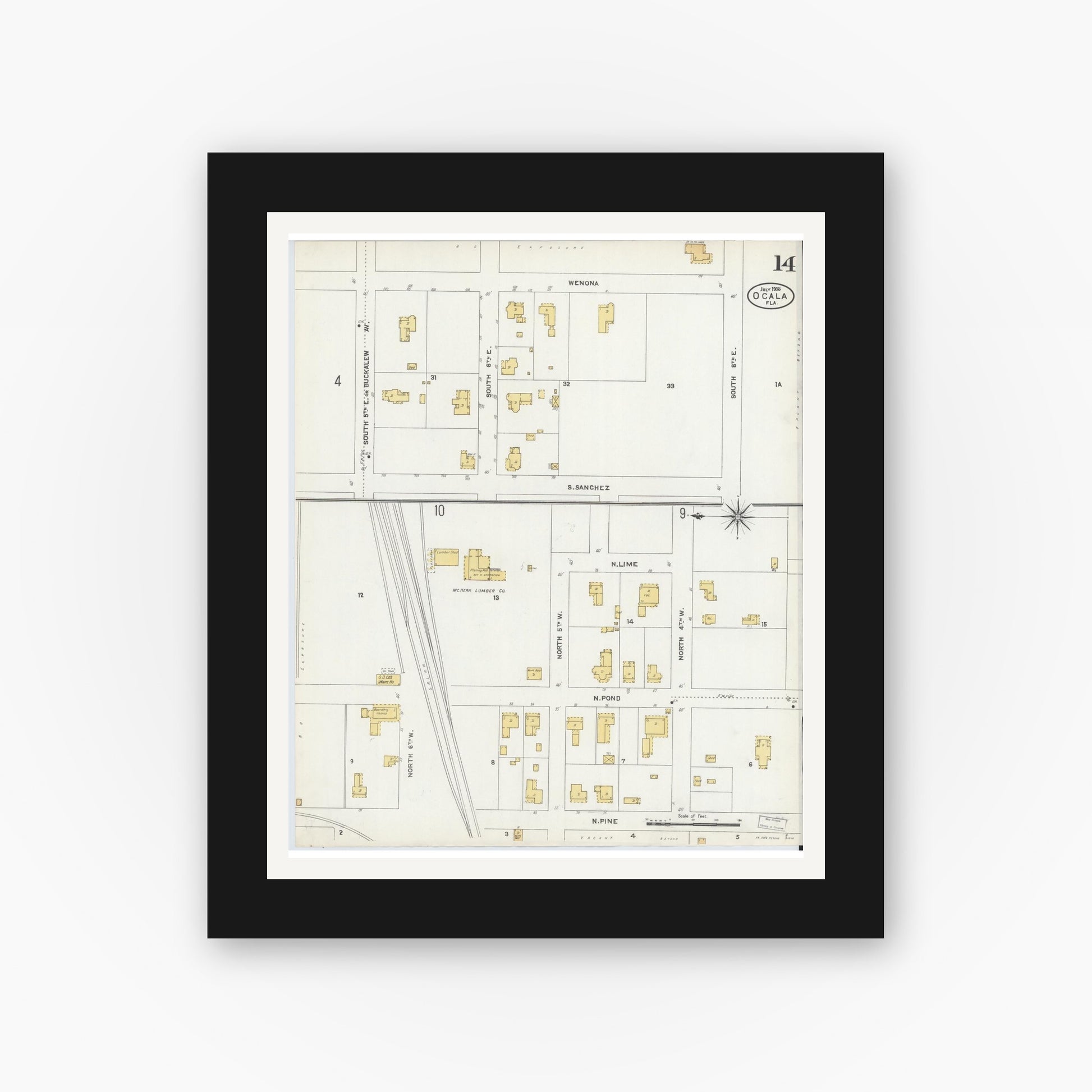 Old map wall art mockup — black gallery frame with white mat — Sanborn Fire Insurance Map from Ocala, Marion County, Florida (1906), Sheet #0014