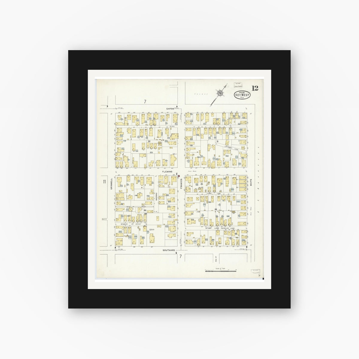 Old map wall art mockup — black gallery frame with white mat — Sanborn Fire Insurance Map from Key West, Monroe County, Florida (1912), Sheet #0012
