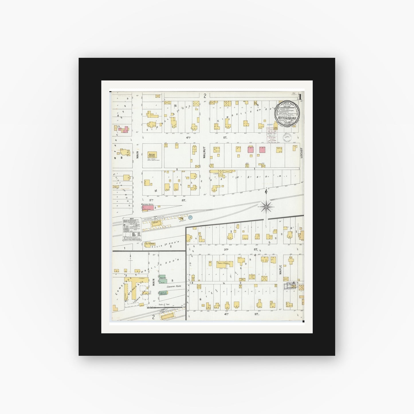 Old map wall art mockup — black gallery frame with white mat — Sanborn Fire Insurance Map from Pattonsburg, Daviess County, Missouri (1900), Sheet #0001