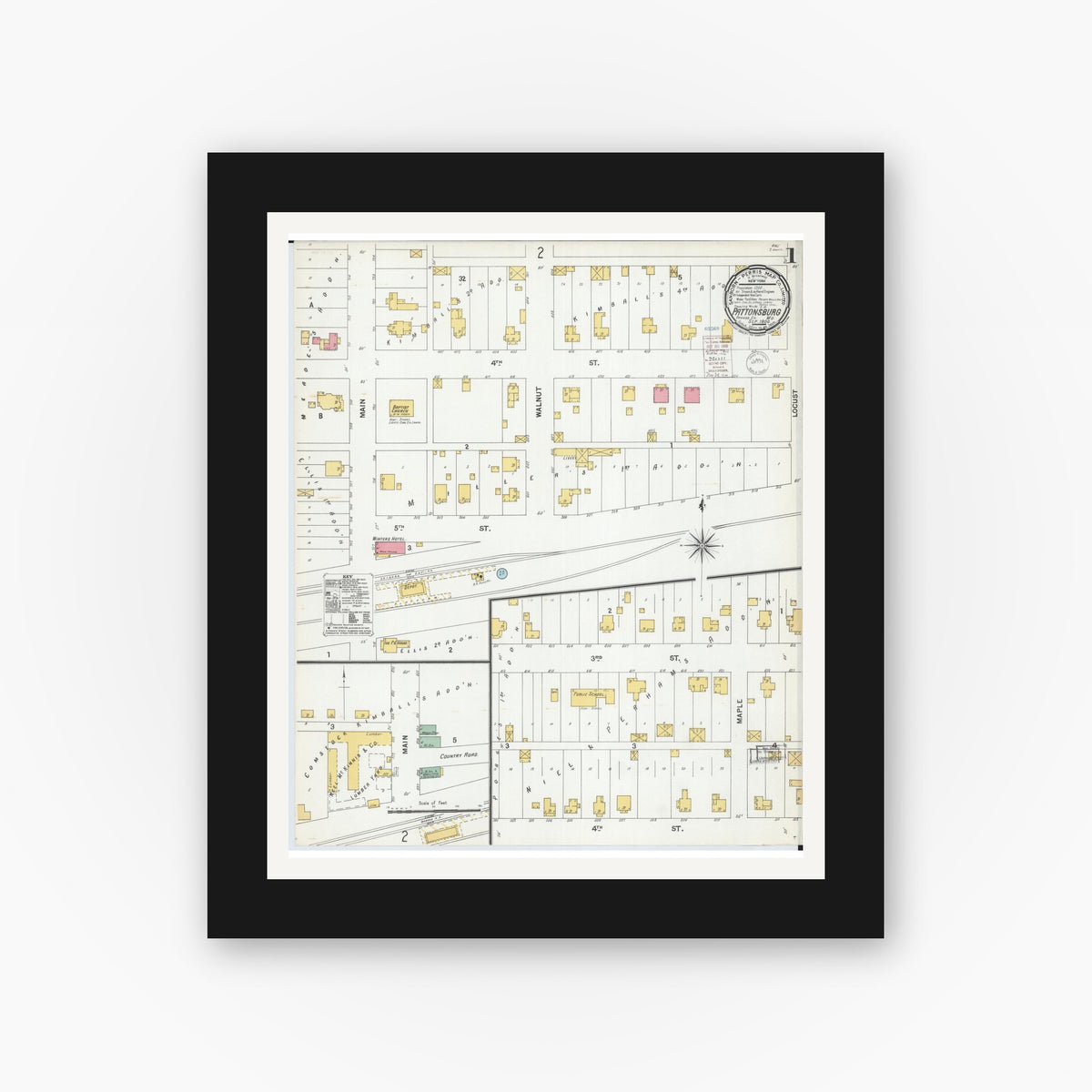 Old map wall art mockup — black gallery frame with white mat — Sanborn Fire Insurance Map from Pattonsburg, Daviess County, Missouri (1900), Sheet #0001