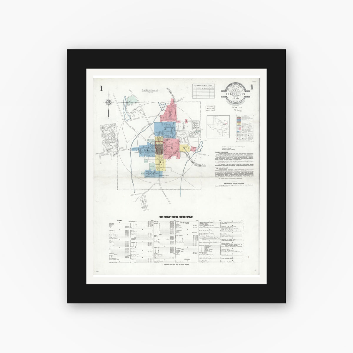 Old map wall art mockup — black gallery frame with white mat — Sanborn Fire Insurance Map from Henderson, Rusk County, Texas (1933), Sheet #0001