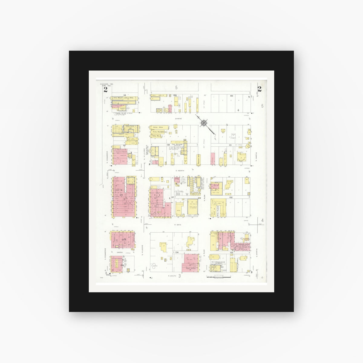 Old map wall art mockup — black gallery frame with white mat — Sanborn Fire Insurance Map from Kilgore, Gregg County, Texas (1932), Sheet #0002