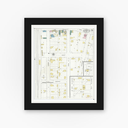 Old map wall art mockup — black gallery frame with white mat — Sanborn Fire Insurance Map from Monroe City, Monroe County, Missouri (1909), Sheet #0005