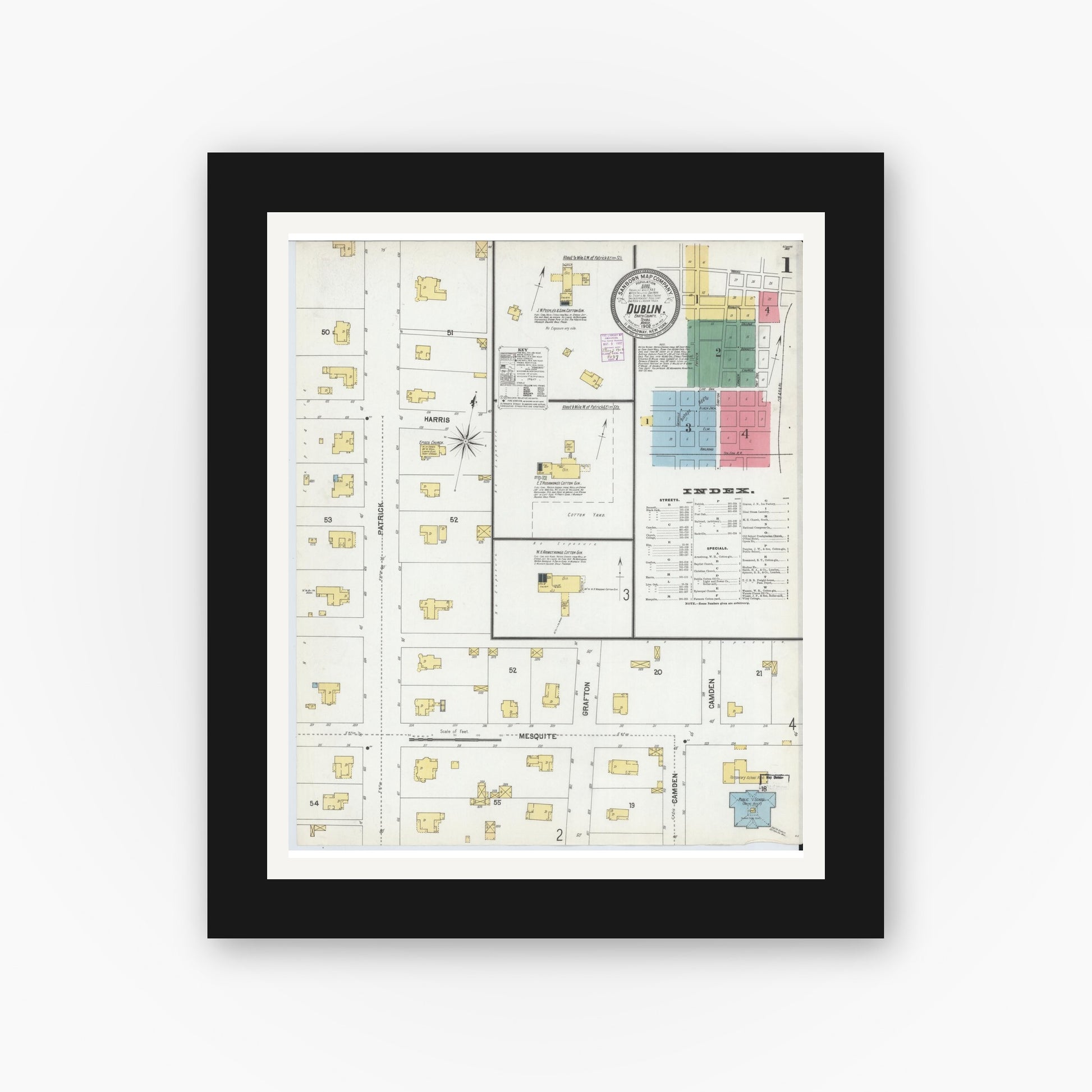 Old map wall art mockup — black gallery frame with white mat — Sanborn Fire Insurance Map from Dublin, Erath County, Texas (1902) - Complete Map Set