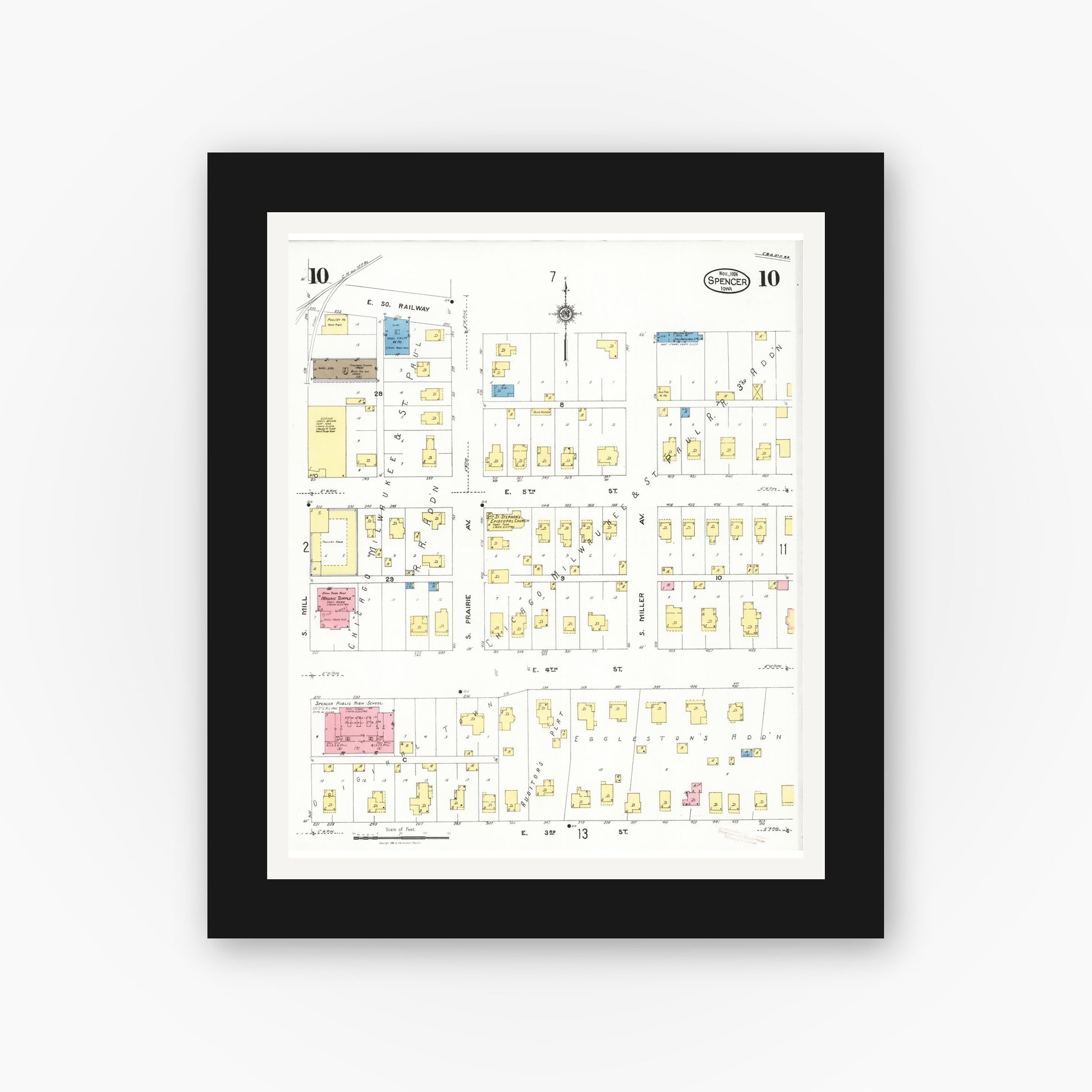Old map wall art mockup — black gallery frame with white mat — Sanborn Fire Insurance Map from Spencer, Clay County, Iowa (1924), Sheet #0010