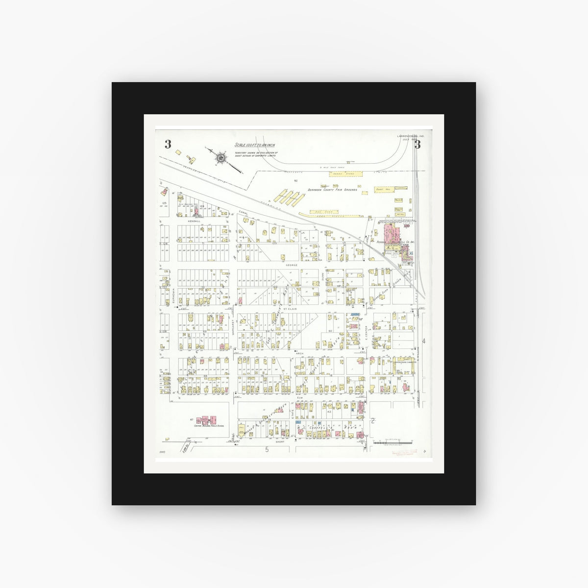Old map wall art mockup — black gallery frame with white mat — Sanborn Fire Insurance Map from Lawrenceburg, Dearborn County, Indiana (1939), Sheet #0003