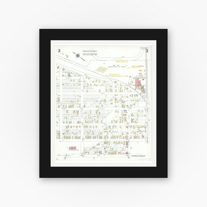Old map wall art mockup — black gallery frame with white mat — Sanborn Fire Insurance Map from Lawrenceburg, Dearborn County, Indiana (1939), Sheet #0003