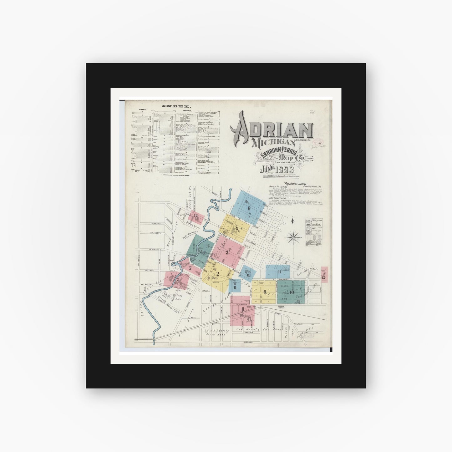 Old map wall art mockup — black gallery frame with white mat — Sanborn Fire Insurance Map from Adrian, Lenawee County, Michigan (1893), Sheet #0001