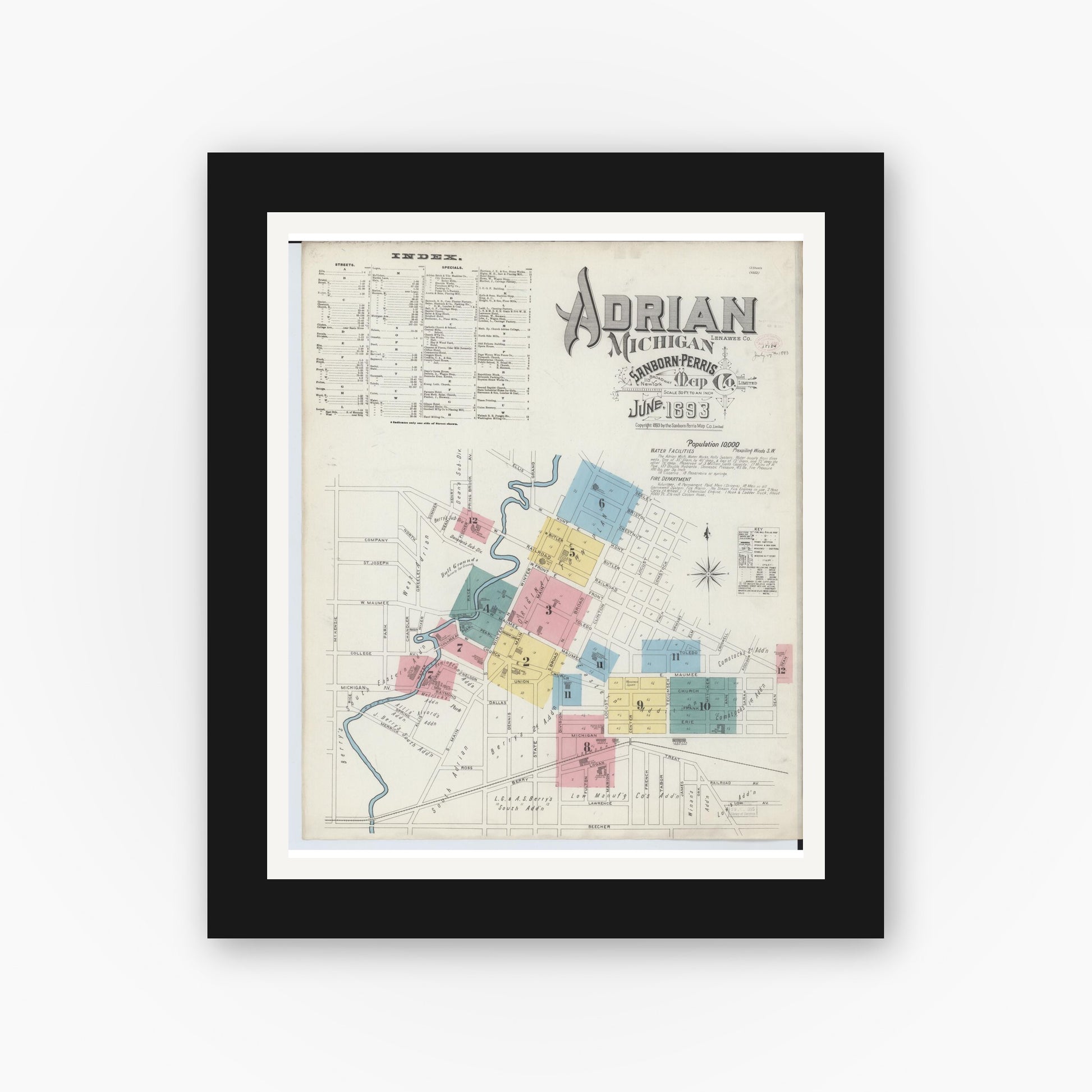 Old map wall art mockup — black gallery frame with white mat — Sanborn Fire Insurance Map from Adrian, Lenawee County, Michigan (1893), Sheet #0001