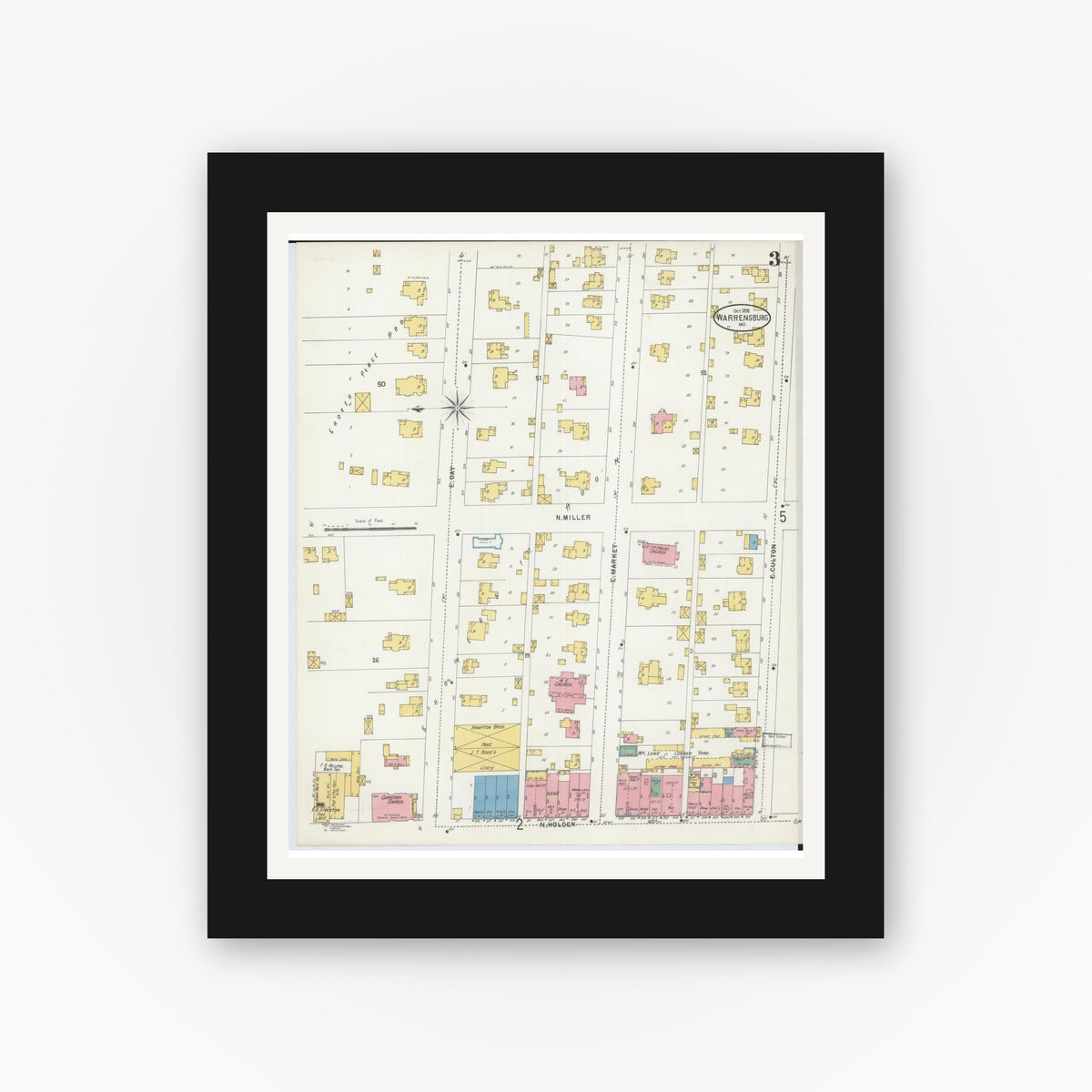 Old map wall art mockup — black gallery frame with white mat — Sanborn Fire Insurance Map from Warrensburg, Johnson County, Missouri (1898), Sheet #0003