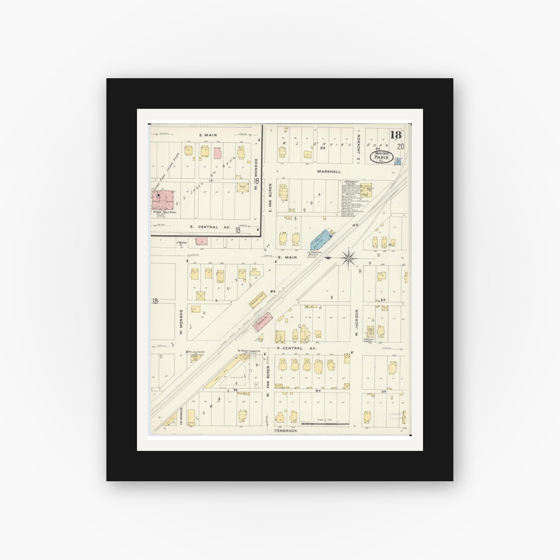 Old map wall art mockup — black gallery frame with white mat — Sanborn Fire Insurance Map from Paris, Edgar County, Illinois (1908), Sheet #0018