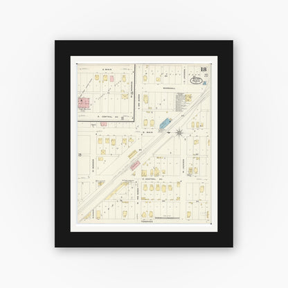 Old map wall art mockup — black gallery frame with white mat — Sanborn Fire Insurance Map from Paris, Edgar County, Illinois (1908), Sheet #0018